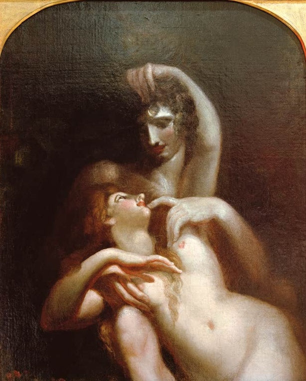 Johann Heinrich Füssli Adam und Eva Kunstkopie, Fragment mit Liebespaar in enger Umarmung vor dunklem Grund und Rundbogen