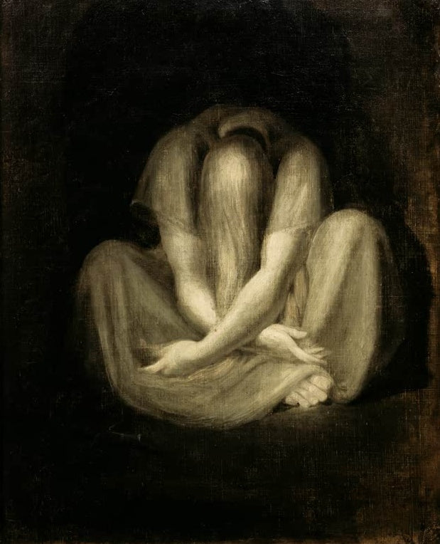Johann Heinrich Füssli Das Schweigen Kunstkopie, kauernde Gestalt mit verborgenem Gesicht und verschränkten Armen