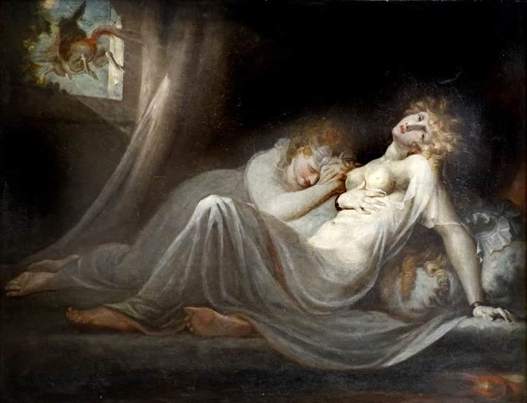 Johann Heinrich Füssli Der Incubus verlässt zwei schlafende Frauen Kunstkopie, zwei Schlafende in hellen Gewändern am Fenster