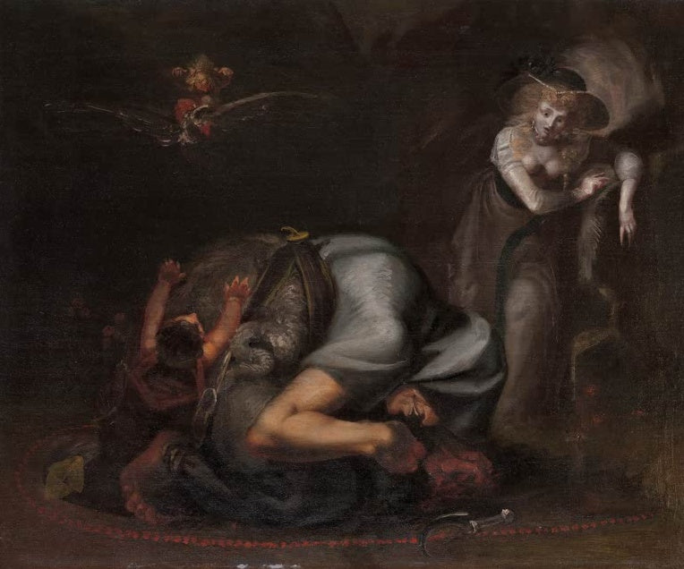Johann Heinrich Füssli Die Alraune Ein Zauber Kunstkopie, gebückte Gestalt im roten Kreis, Dame im Hut und Flügelwesen