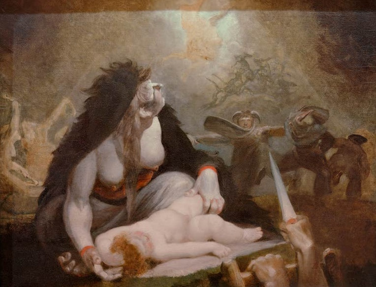 Johann Heinrich Füssli Die Nachthexe besucht die lappländischen Hexen Kunstkopie, Hexe mit Kind auf dem Schoß und Dolch