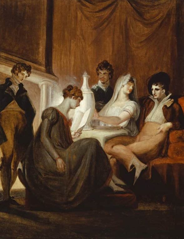Johann Heinrich Füssli Die Zeitung auf dem Lande Kunstkopie, Gesellschaft um einen Tisch in einem Salon mit Draperie
