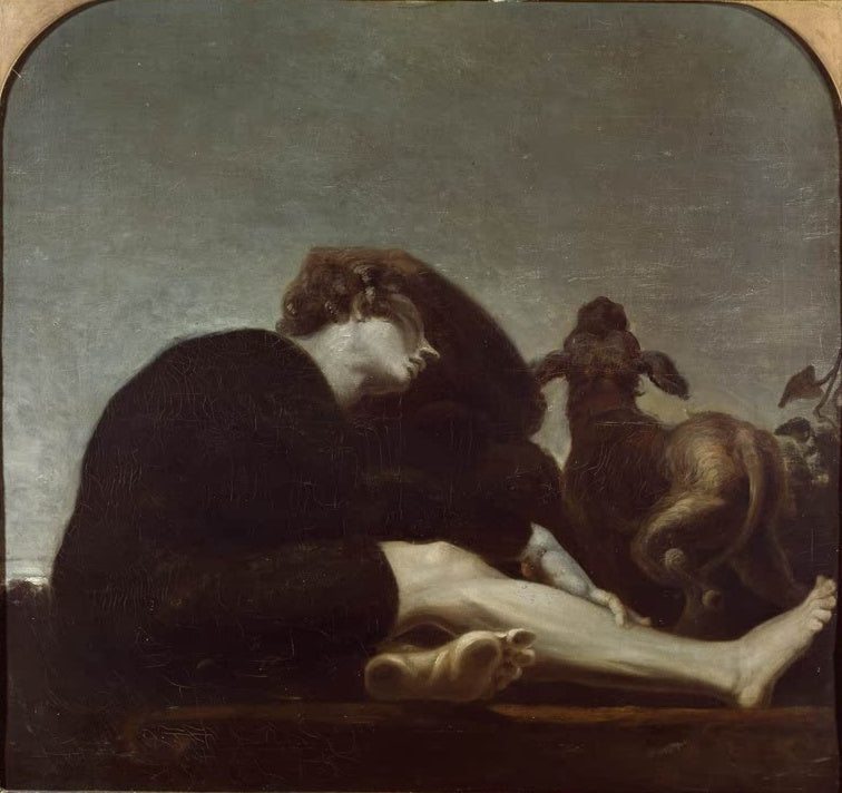 Johann Heinrich Füssli Einsamkeit im Morgenzwielicht Kunstkopie, ruhender Hirte im dunklen Gewand mit Hund vor grauem Himmel