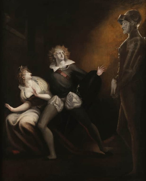 Johann Heinrich Füssli Gertrude, Hamlet und der Geist von Hamlets Vater Kunstkopie, Shakespeare-Szene im Halbdunkel