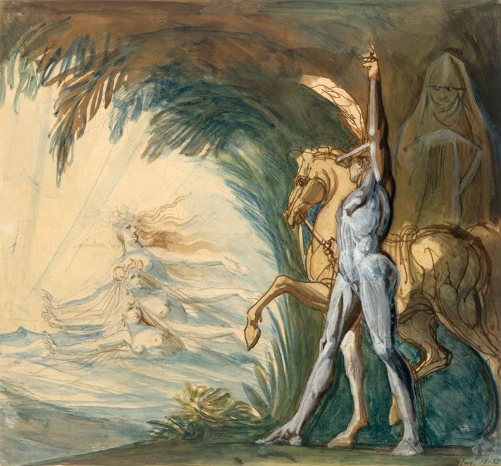 Johann Heinrich Füssli Hagen und die Nymphen der Donau Kunstkopie, Krieger mit Pferd und drei Nixen im Wasser