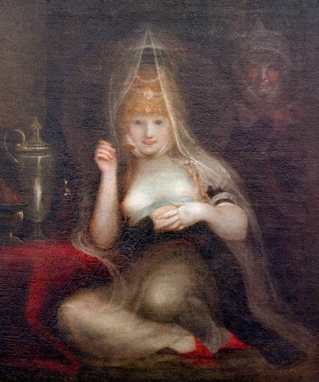 Johann Heinrich Füssli Königin Mab Replik Kunstkopie, verschleierte junge Frau mit Kopfschmuck, Kanne und dunkle Gestalt