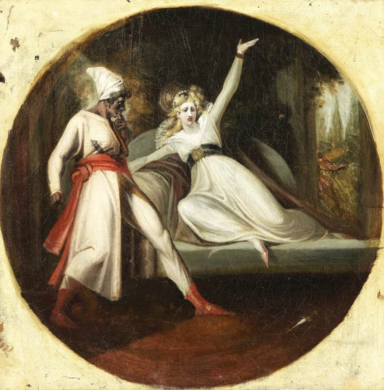 Johann Heinrich Füssli Leonore entdeckt Alonzos Dolch Kunstkopie, junge Frau im weißen Kleid und Mann mit Turban im Rundbild