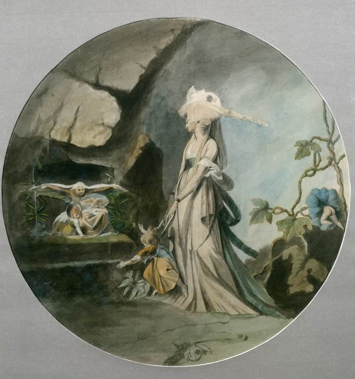 Johann Heinrich Füssli Mamillius von einer Hofdame gegängelt Kunstkopie, runde Szene mit Dame im Federhut und Elfen
