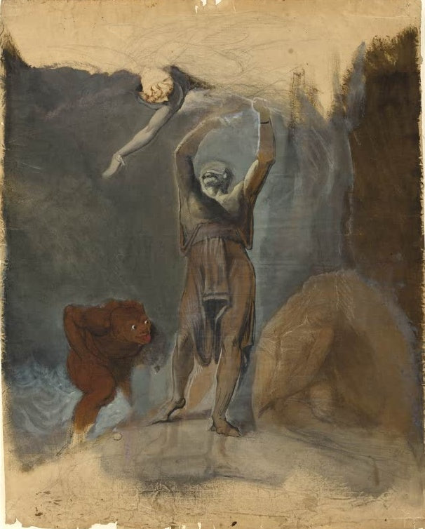 Johann Heinrich Füssli Prospero, Miranda, Caliban und Ariel Kunstkopie, Ölskizze mit Zauberer, Kobold und schwebendem Geist