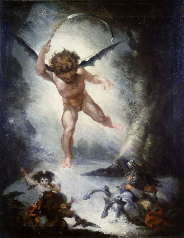 Johann Heinrich Füssli Robin Goodfellow genannt Puck Kunstkopie, geflügelter Kobold mit Sichel über gestürztem Ritter