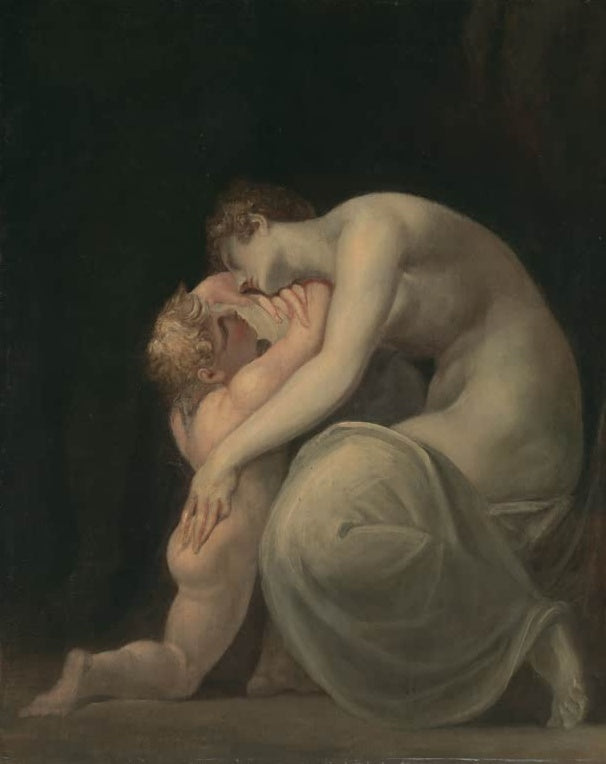 Johann Heinrich Füssli Tekmessa und Eurysakes Kunstkopie, Frau umarmt ihr Kind vor dunklem Hintergrund
