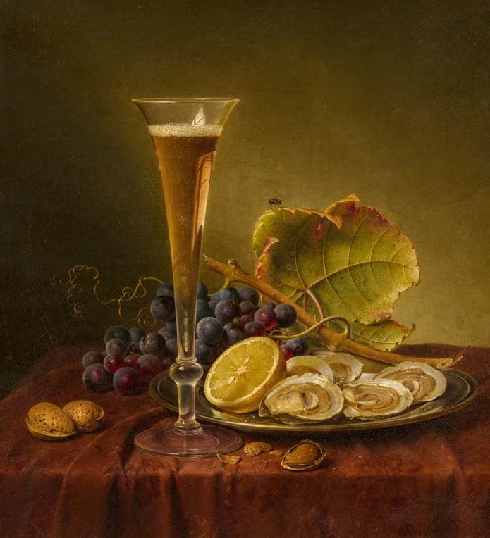 Sektflöte, Austern, Trauben und Zitrone auf rotem Samttuch – Johann Wilhelm Preyer Stillleben mit Austern Kunstkopie