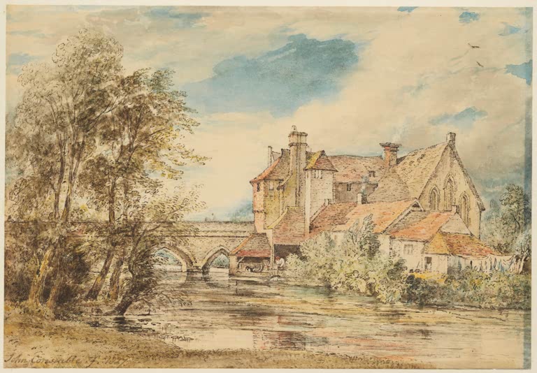 Alte Häuser mit roten Dächern an der Brücke, spiegelndes Wasser – John Constable Alte Häuser an der Harnam Bridge Kunstkopie