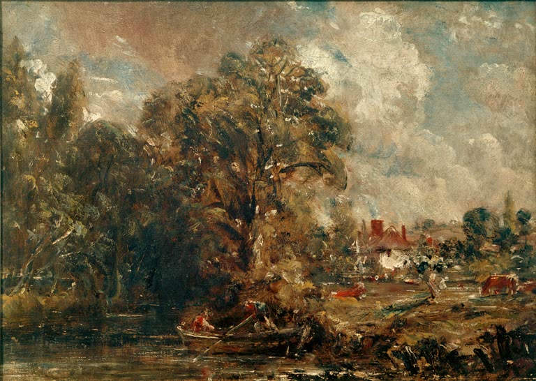 John Constable Am Fluss mit Bauernhaus am Ufer Kunstkopie, Ruderboot und Rinder an bewaldetem Flussufer