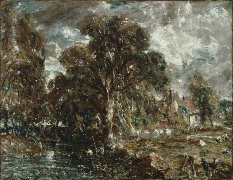 Großer Baum am Fluss mit Häusern und Kühen, kräftig aufgetragene Farbe – John Constable Am Fluss Stour Kunstkopie