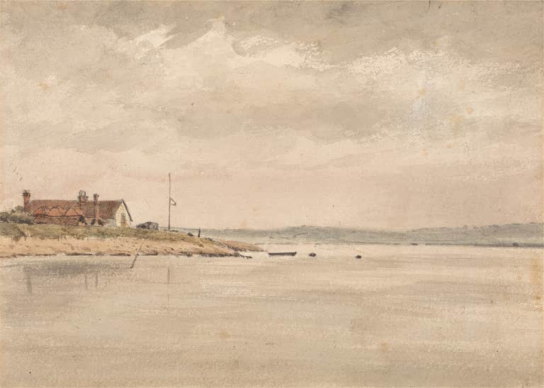 Ruhiges Wasser mit Landzunge, rotem Dach und Mast unter weitem Himmel – John Constable Ansicht an der Orwell Kunstkopie