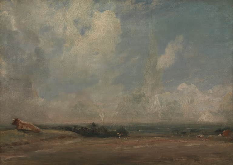 Weite Ebene unter hohen Wolken, links eine ruhende Kuh – John Constable Ansicht von Hampstead Heath Kunstkopie
