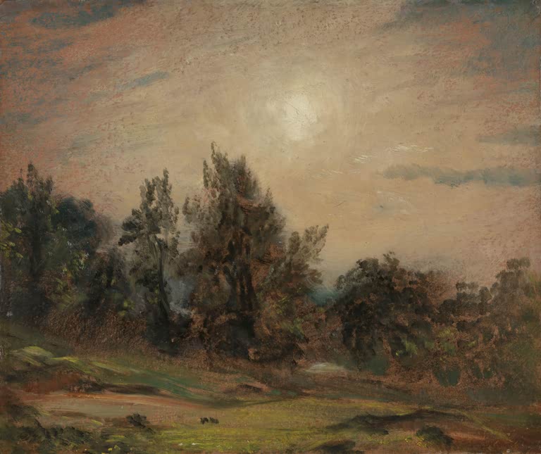 Baumgruppen auf offener Heide mit tief stehender Sonne im Dunst – John Constable Bäume auf Hampstead Heath Kunstkopie