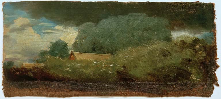 Grünes Gebüsch und Häuser unter dunkel bewölktem Himmel – John Constable Bäume und Häuser unter tiefem Himmel Kunstkopie