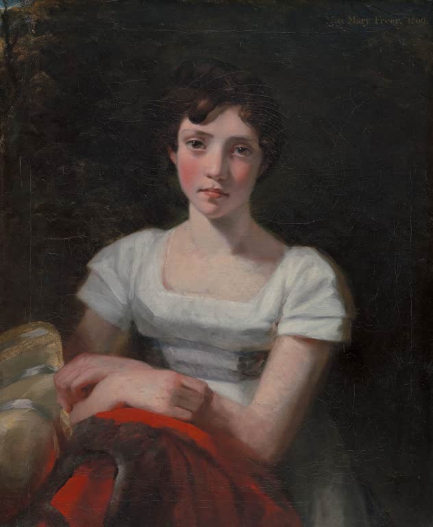 John Constable Bildnis der Mary Freer Kunstkopie, junge Frau im weißen Kleid mit rotem Umhang vor dunklem Hintergrund