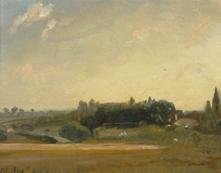 Flache Wiese vor dunkler Baumgruppe mit Pfarrhaus unter gelbem Himmel – John Constable Blick auf das Pfarrhaus Kunstkopie