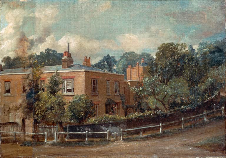 Backsteinhaus mit Zaun und Bäumen unter Wolken – John Constable Blick auf die Untere Terrasse, Hampstead Kunstkopie