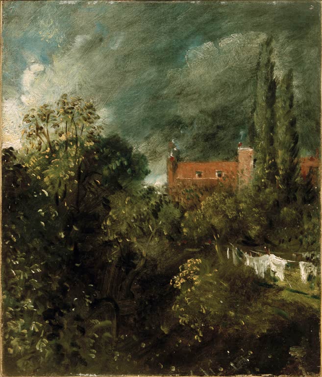 John Constable Blick in einen Garten in Hampstead Kunstkopie, Garten mit Wäscheleine vor rotem Haus und Gewitterhimmel