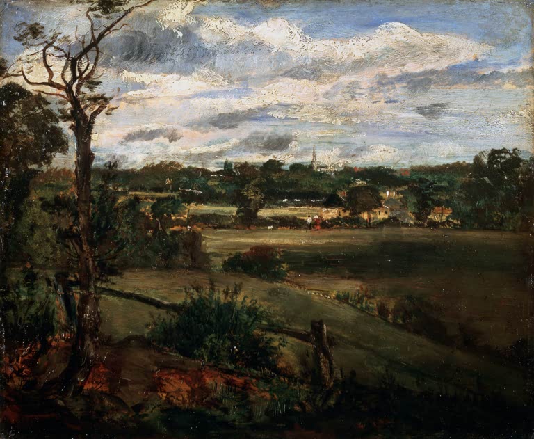John Constable Blick von Hampstead Heath auf Highgate Kunstkopie, weites Weideland mit fernen Türmen unter Wolkenhimmel