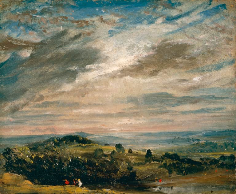 Hügellandschaft mit Figuren unter Wolkenstreifen – John Constable Blick von Hampstead Heath nach Harrow Kunstkopie