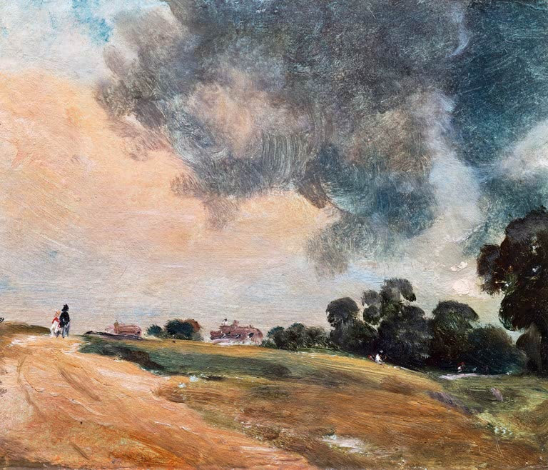 Sandweg mit Reiter, ferne Häuser und gewaltige Wolken am Himmel – John Constable Blick von Hampstead nach Osten Kunstkopie