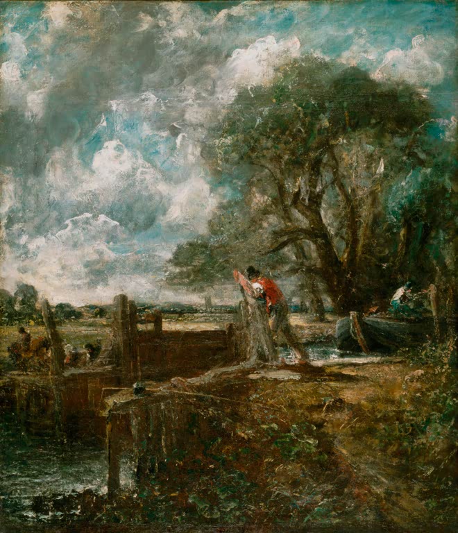 Schleuse mit Arbeiter, großem Baum und Wolken – John Constable Boot, das eine Schleuse passiert Kunstkopie
