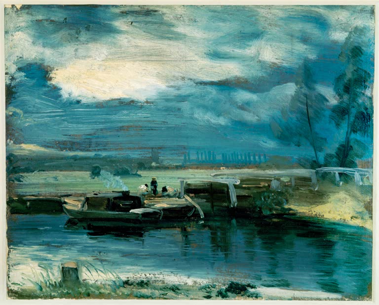 Boote auf dunkelblauem Wasser mit Schleuse unter bewegtem Himmel – John Constable Boote auf dem Stour Kunstkopie