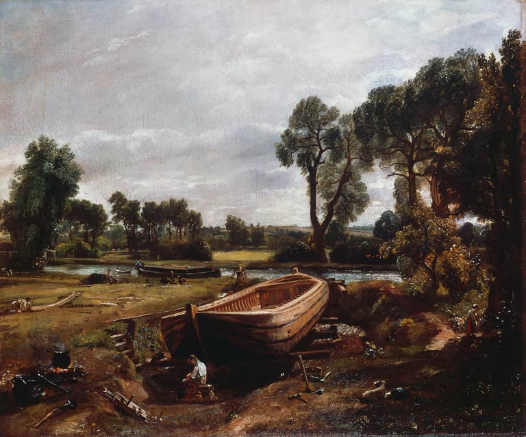 Halbfertiges Boot am Ufer mit Zimmermann und Bäumen – John Constable Bootsbau bei Flatford Mill Kunstkopie