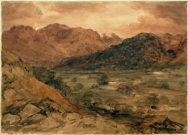 John Constable Borrowdale Ansicht ins Tal Kunstkopie, Bergtal im Lake District in Aquarell mit warmen Braun- und Grüntönen