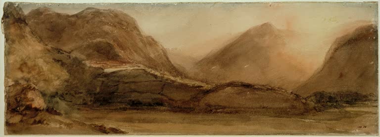 John Constable Borrowdale Bergpanorama Kunstkopie, breites Panorama gestaffelter Berge im Lake District in warmen Erdtönen