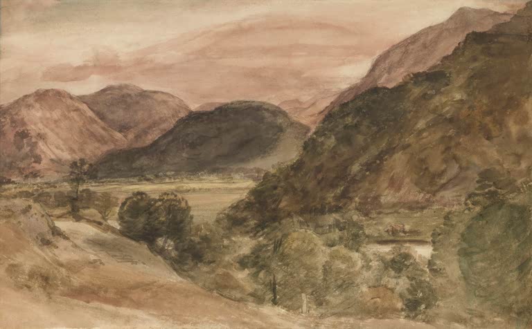 John Constable Borrowdale Kunstkopie, Aquarell mit rosafarbenen Bergketten über grünem Tal im Lake District