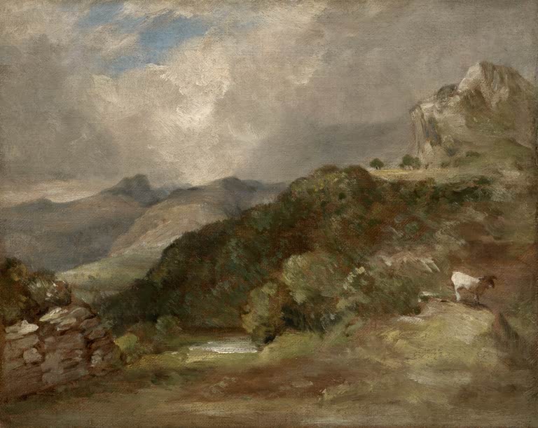 Felsiger Berghang mit Ziege, Steinmauer und aufziehenden Wolken – John Constable Bow Fell, Cumberland Kunstkopie
