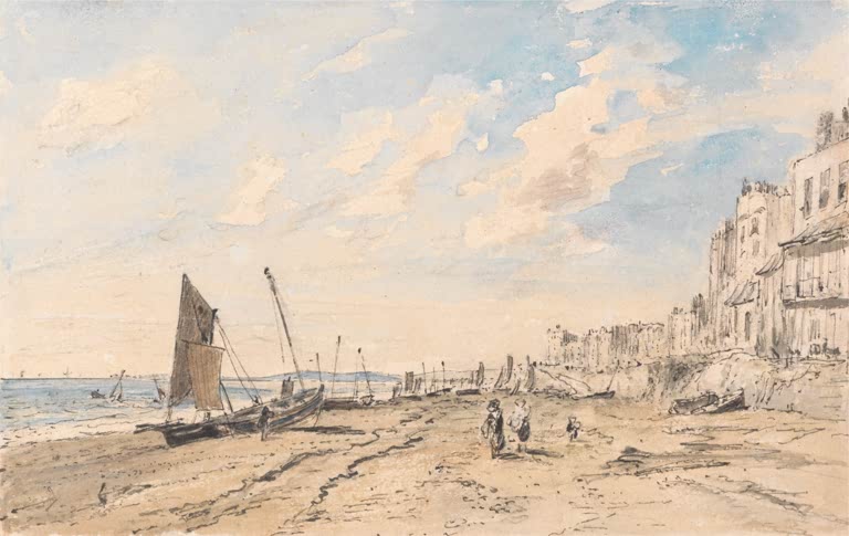 John Constable Brighton-Strand Blick nach Westen Kunstkopie, Fischerboote und Figuren am Strand vor Häuserzeile