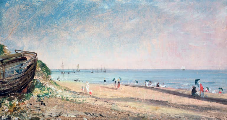 Sandstrand mit Booten, Spaziergängern und Schirmen unter hellem Himmel – John Constable Brighton-Strand Kunstkopie