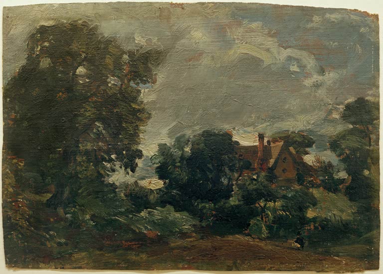 John Constable Church Farm Langham Kunstkopie, Bauernhaus mit rotem Dach zwischen Bäumen in Suffolk