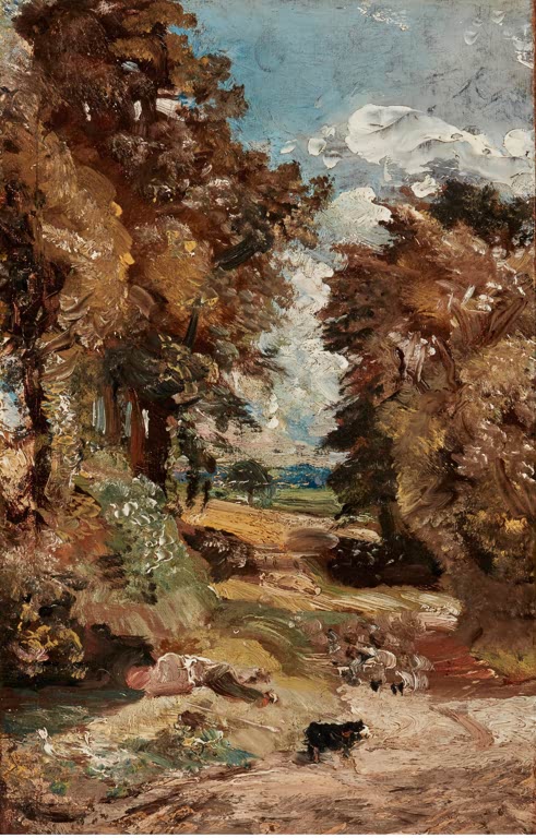 Sonniger Weg zwischen hohen Büschen mit Hund und Figuren – John Constable Das Kornfeld Kunstkopie