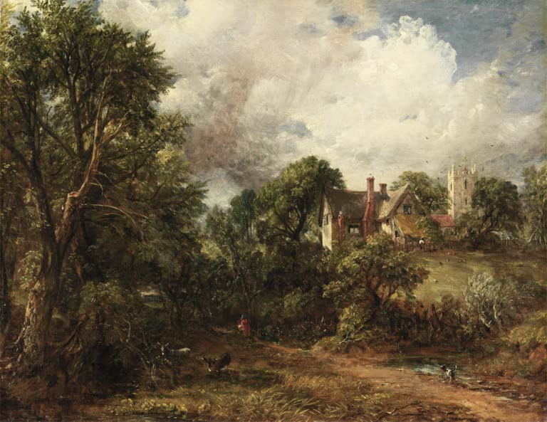 Landhaus mit Kirchturm hinter dichten Bäumen und hellen Wolken – John Constable Das Pfarrhaus Kunstkopie