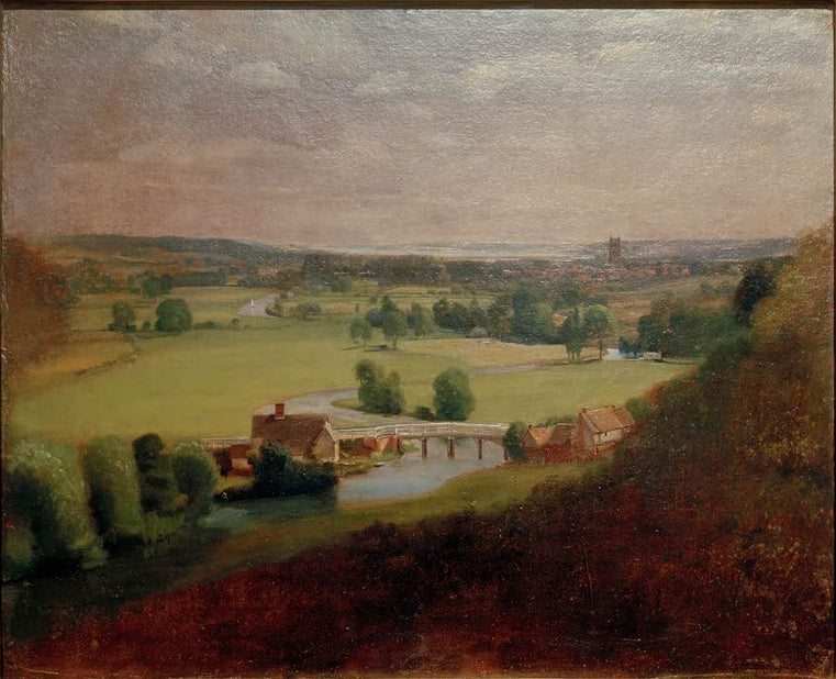 John Constable Das Stourtal mit Dedham in der Ferne Kunstkopie, weites Flusstal mit Brücke und fernem Kirchturm