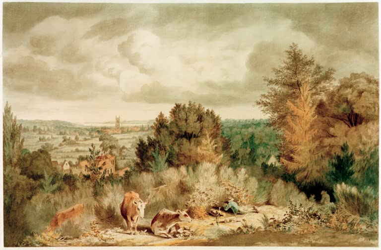 John Constable Das Tal und die Kirche von Dedham Kunstkopie, weites Suffolk-Tal mit Kirchturm und ruhenden Kühen