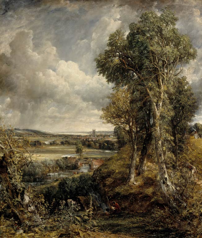 John Constable Das Tal von Dedham Kunstkopie, weite Flusslandschaft mit Baumgruppe und Wolkenhimmel über Suffolk