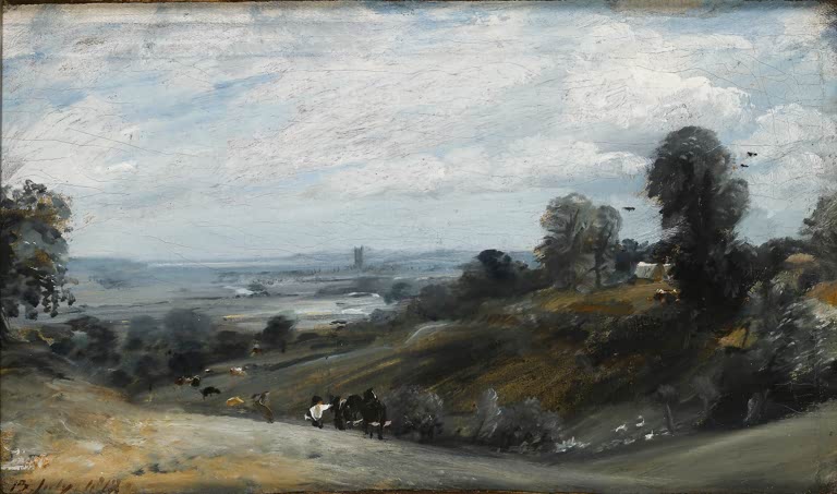 Hügelige Landschaft mit Weg und weitem Fernblick – John Constable Das Tal von Dedham Kunstkopie