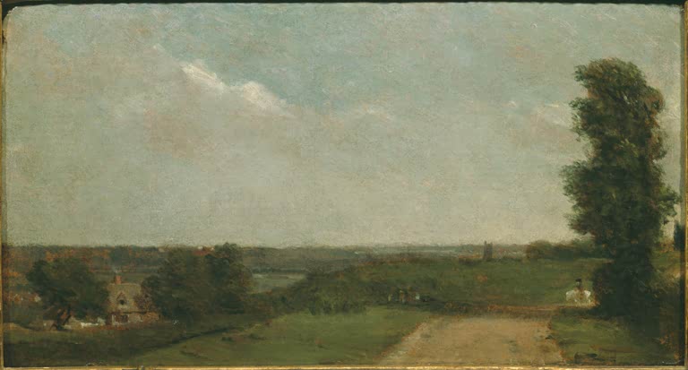 Grüne Ebene mit Weg, Häusern und hohem Baum unter hellem Himmel – John Constable Das Tal von Dedham Kunstkopie