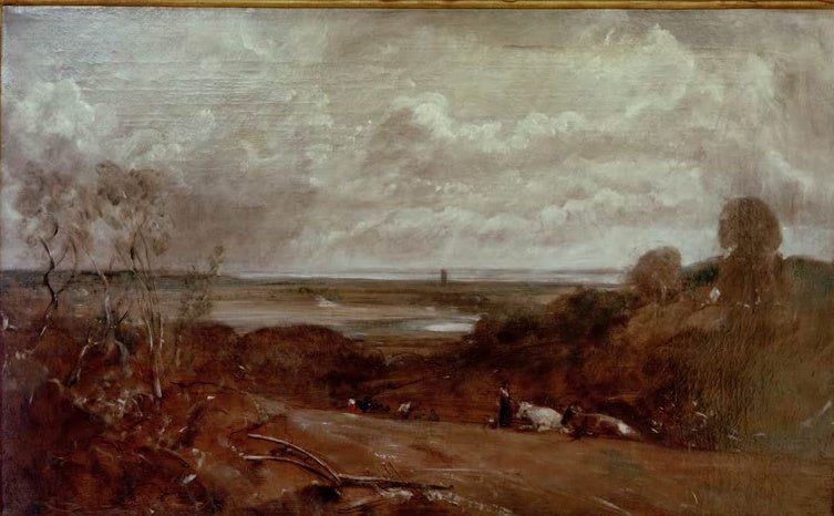 Rotbraune Hügellandschaft unter bewölktem Himmel mit weitem Flusstal – John Constable Dedham from Langham Kunstkopie