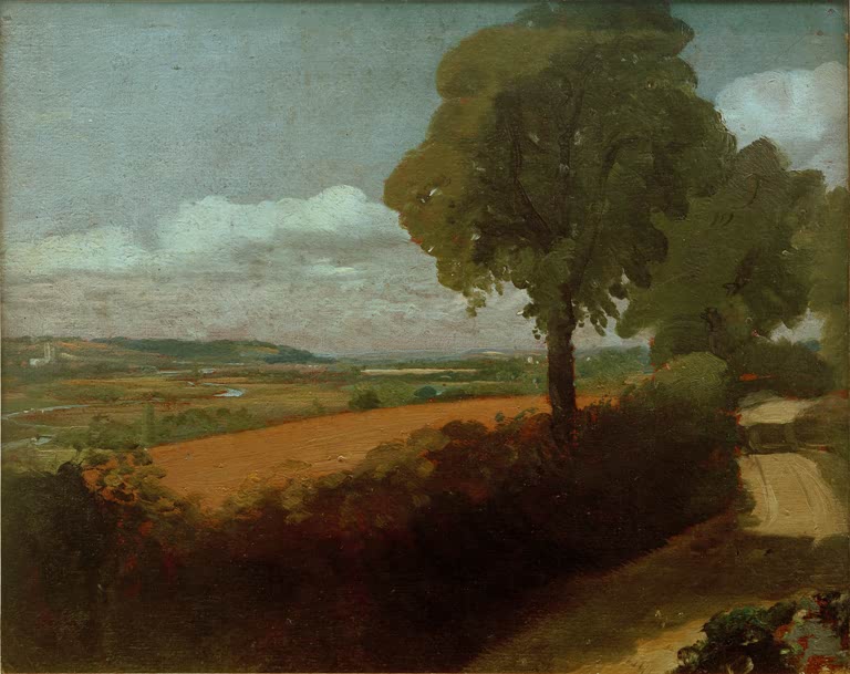 John Constable Dedham gesehen von der Straße nach Flatford Kunstkopie, sonnige Landstraße mit Baumgruppen und Kirchturm