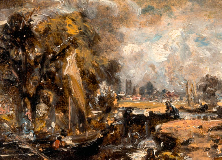 Kahn mit Segel zwischen Bäumen, Kirchturm, Sturmhimmel – John Constable Dedham Lock, Hampstead, London Kunstkopie